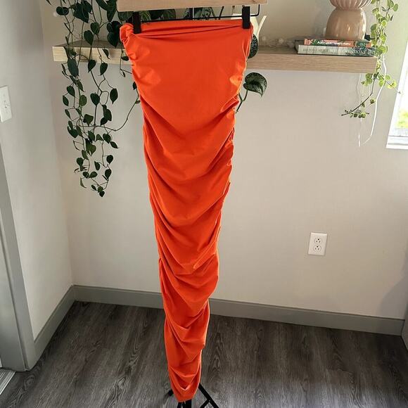Shein Orange Ruched Bodycon Midi Dress Women’s S Trendy Vacation Party - Picture 1 of 8